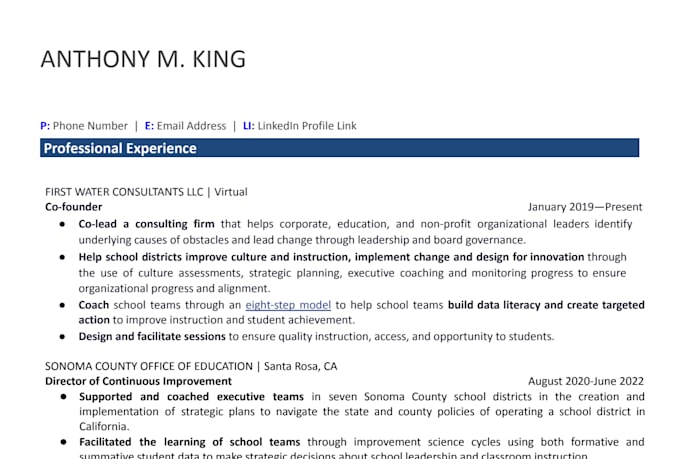 write or edit a professional resume for the education sector